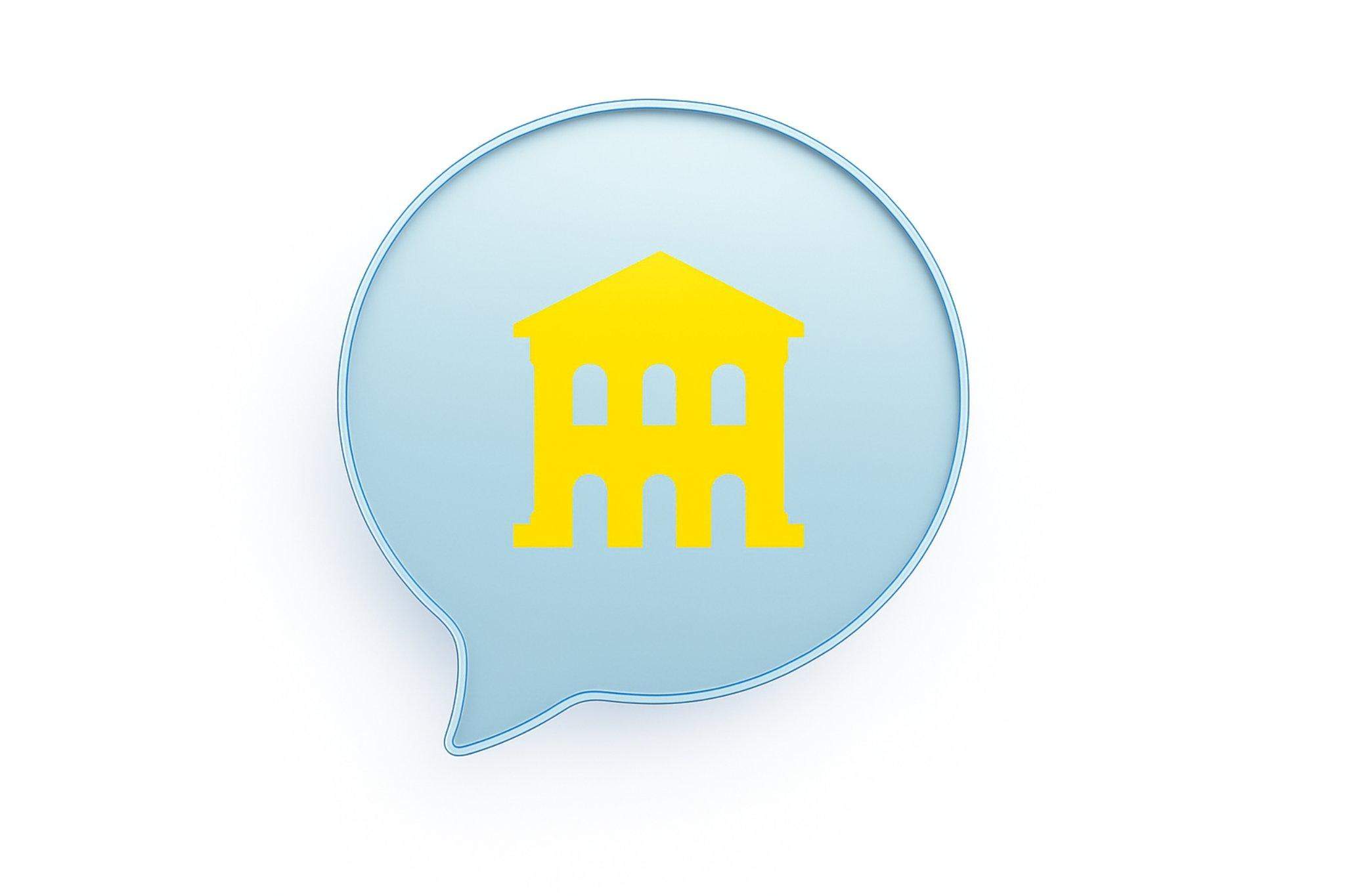 Grafika na której widać żółty budynek w błękitnej chmurce dialogowej. Jest to element wpisu blogowego o nauce ukraińskich słów związanych z rodzajami sklepów.