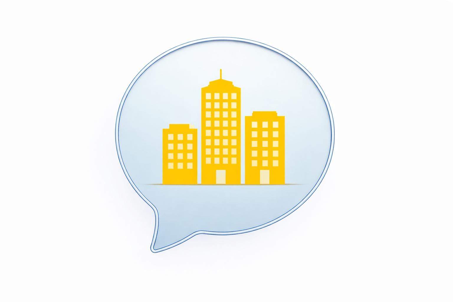 Grafika z chmurką dialogową na której widać budynki. Jest symbolem tematu wpisu blogowego o remontach w tłumaczeniami słów z języka ukraińskiego.