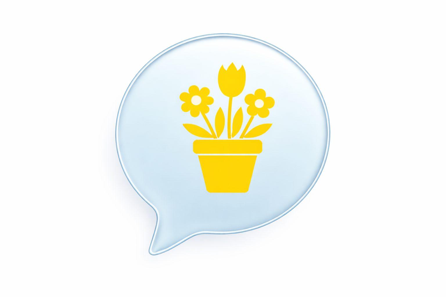 Grafika na której widać kwiaty doniczkowe w błękitnej chmurce dialogowej, która jest na białym tle. Całość jest częścią wpisu na blogu językowym o temacie kwiatów doniczkowych w języku ukraińskim z tłumaczeniami.