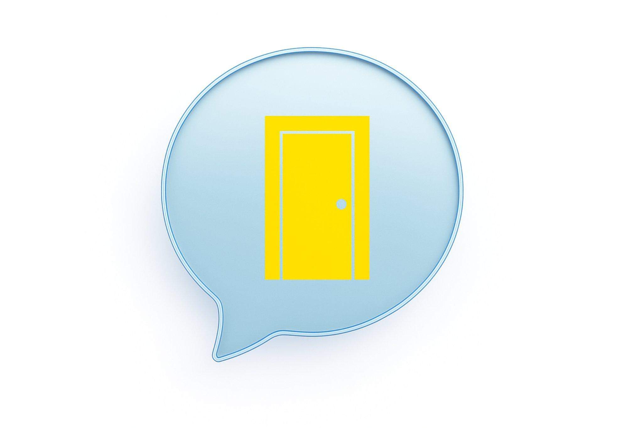 Grafika na której widać żółte drzwi w błękitnej grafice dialogowej. Jest to część artykułu o ukraińskich słowach związanych z pomieszczeniami w domu.