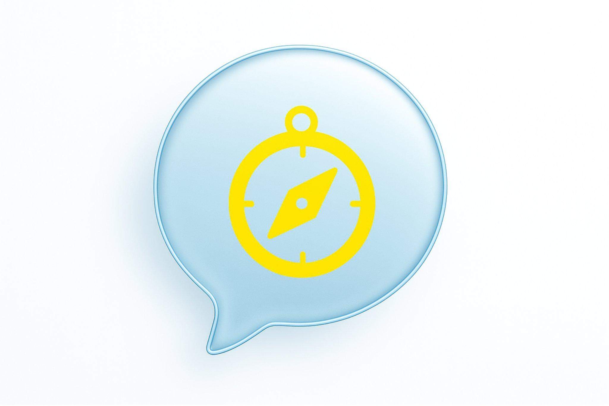 Grafika kompasu w chmurce dialogowej. Są to elementy zachęcające do przeczytania wpisu o rozwoju osobistym na stronie o nauce języka ukraińskiego.