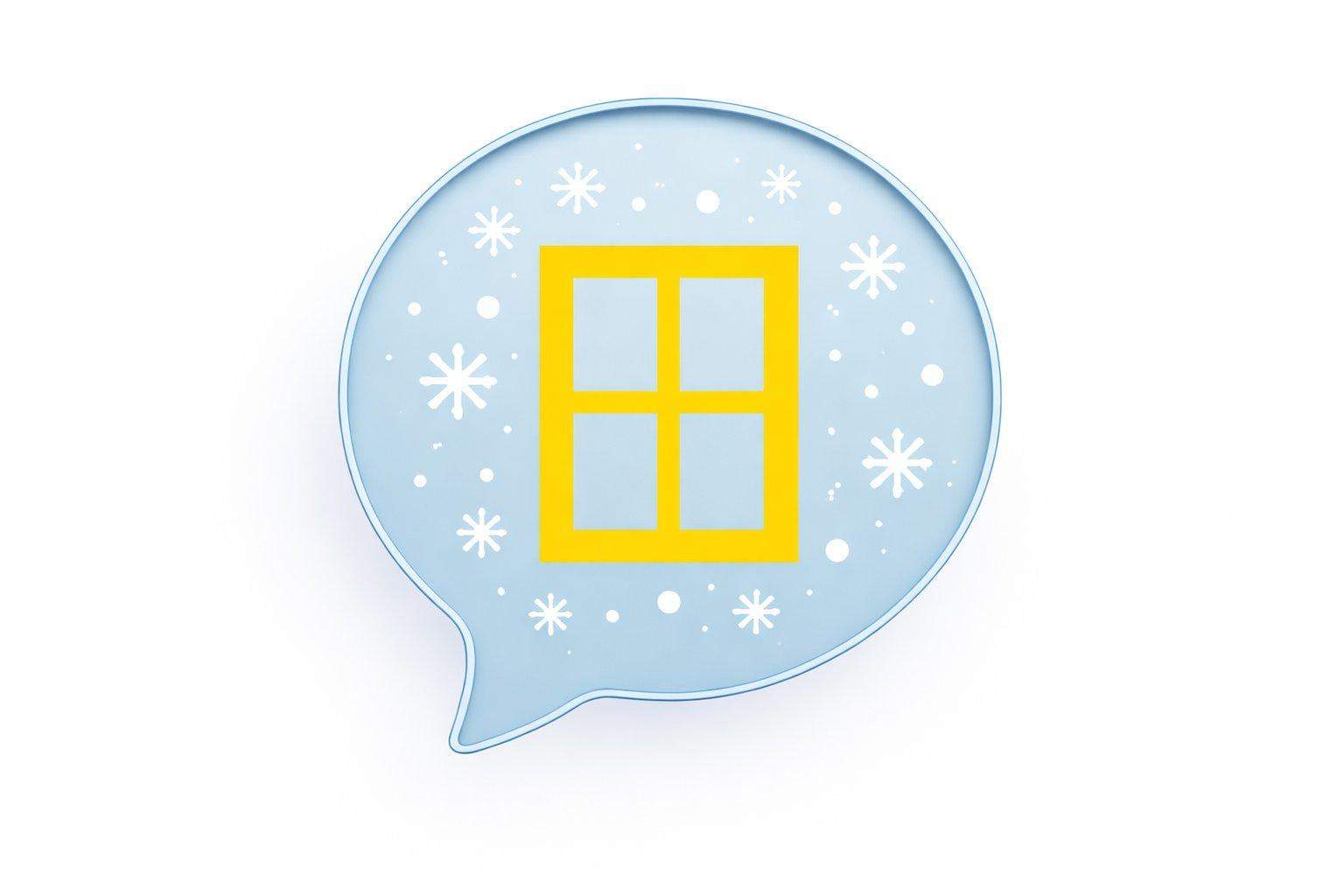 Grafika na której widać żółte okno i płatki śniegu w błękitnej chmurce, całość jest na białym tle. Ta ilustracja zachęca do zapoznania się z artykułem o ukraińskich słowach związanych z przygotowaniami do świąt.