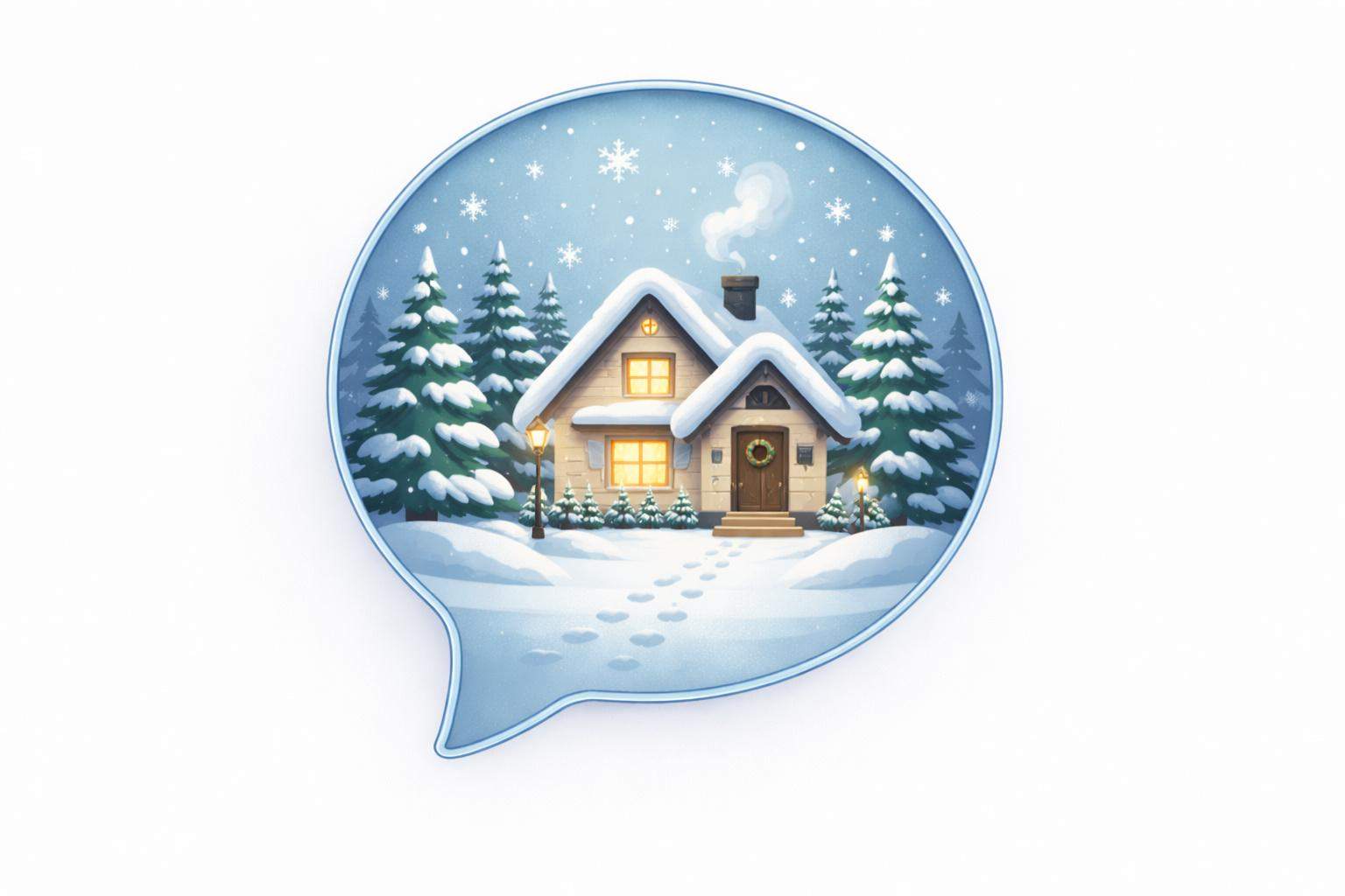 Grafika na której widać dom w zimowej atmosferze pośród choinek i śniegu. Jest to zachęta do przeczytania wpisu o ukraińskich słowach związanych z częstszym przebywaniem zimą w domu.